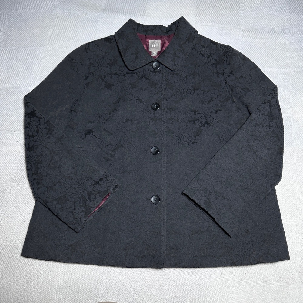 J.‎ Jill Black Coat Womens 12 Petite Damask Floral Jacquard Button Gothic Jacket
